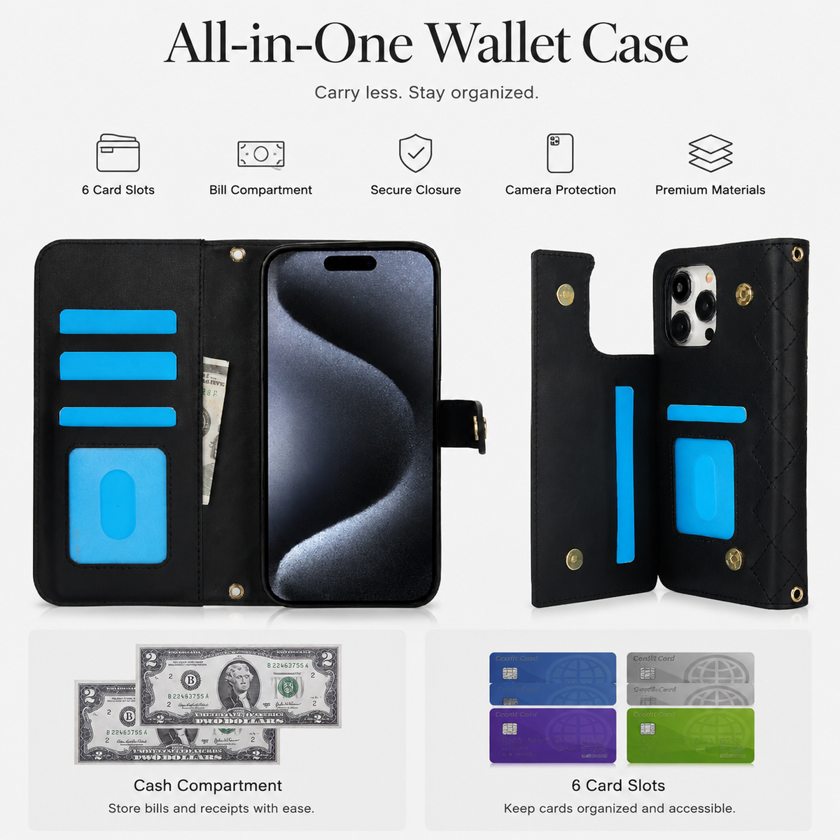 Premium iPhone Case RFID Blocking Wallet Crossbody Flip Cover PU Leather Card Holder Magnetic Closure Shockproof Protective Full Coverage Strap