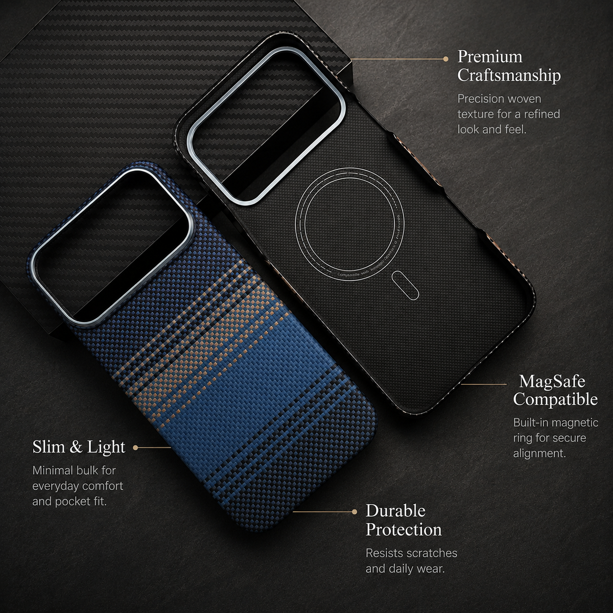 Premium iPhone Case Real 600D Carbon Fiber MagSafe Compatible Aramid Kevlar Full Coverage Waterproof Anti Scratch Matte Anti Fingerprint Slim Protective Cover