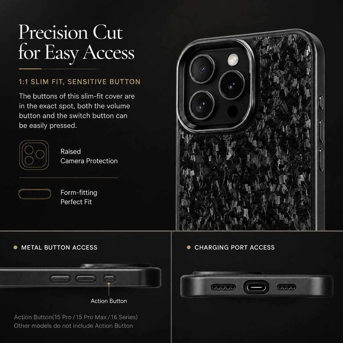 Premium iPhone Case Real Forged Carbon Fiber MagSafe Cover Metal Lens Guard Shockproof Dual Layer Anti-Fingerprint Non Slip Slim Full Protection
