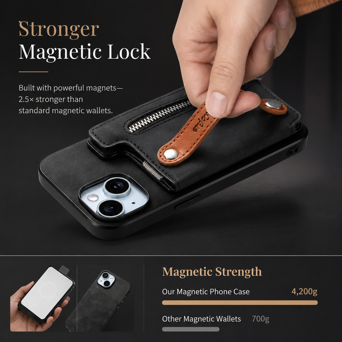 Premium iPhone Case Removable Zipper Wallet Flip Cover PU Leather Card Holder Magnetic Closure Wrist Strap Shockproof Full Coverage Slim Design Secure