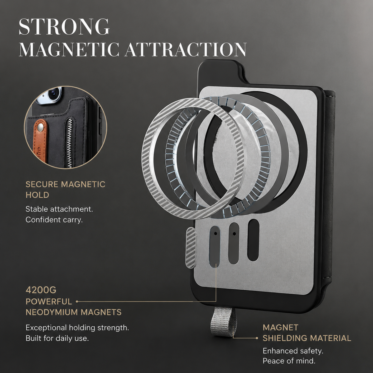 Premium iPhone Case Removable Zipper Wallet Flip Cover PU Leather Card Holder Magnetic Closure Wrist Strap Shockproof Full Coverage Slim Design Secure