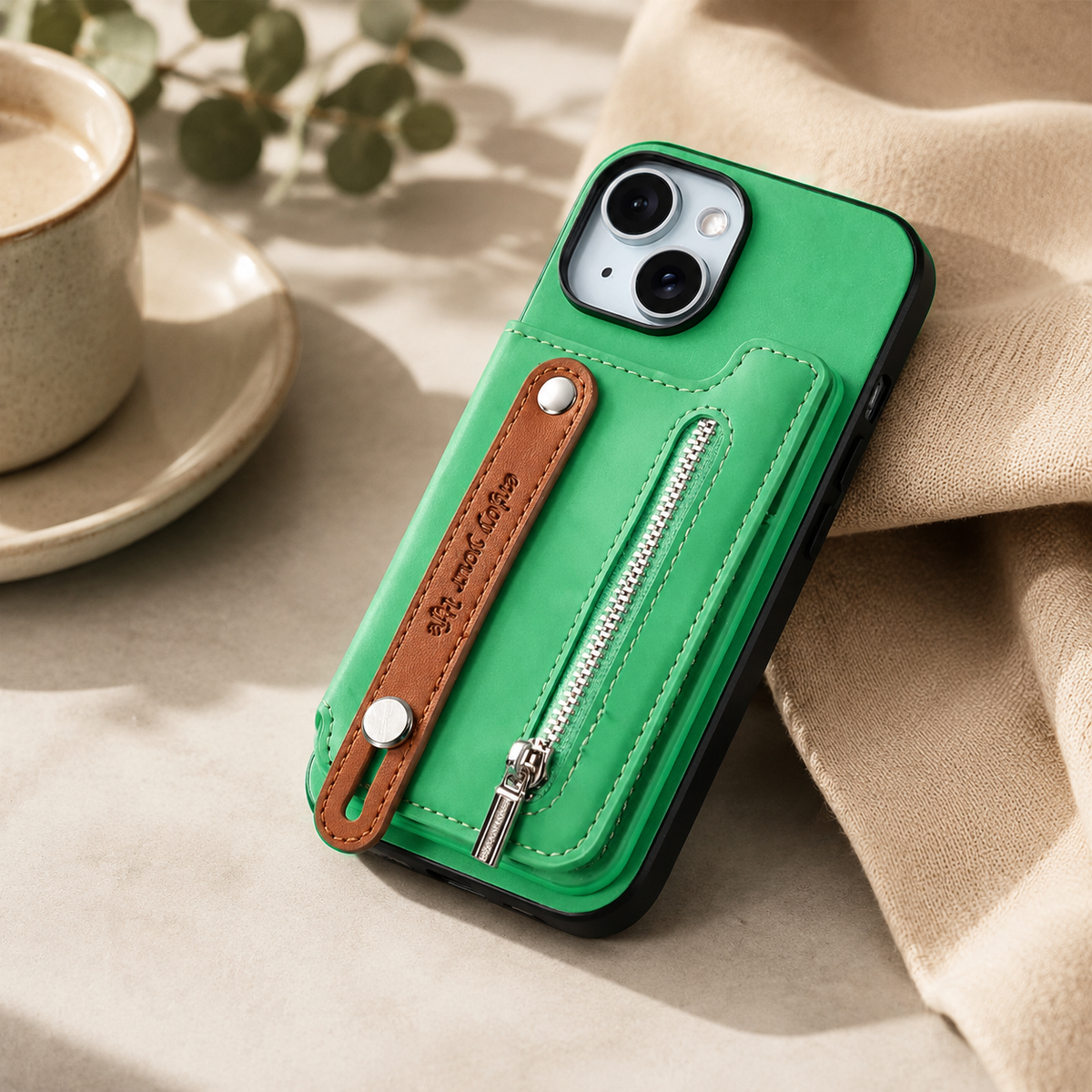Premium iPhone Case Removable Zipper Wallet Flip Cover PU Leather Card Holder Magnetic Closure Wrist Strap Shockproof Full Coverage Slim Design Secure