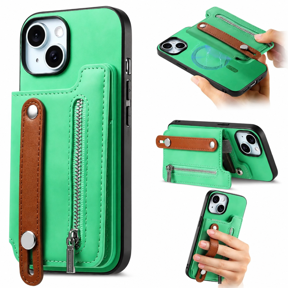 Premium iPhone Case Removable Zipper Wallet Flip Cover PU Leather Card Holder Magnetic Closure Wrist Strap Shockproof Full Coverage Slim Design Secure