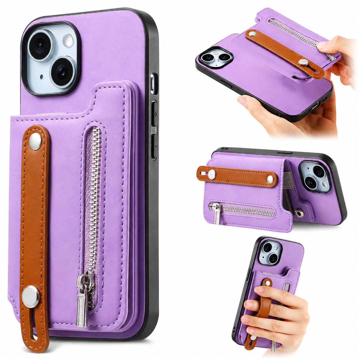 Premium iPhone Case Removable Zipper Wallet Flip Cover PU Leather Card Holder Magnetic Closure Wrist Strap Shockproof Full Coverage Slim Design Secure