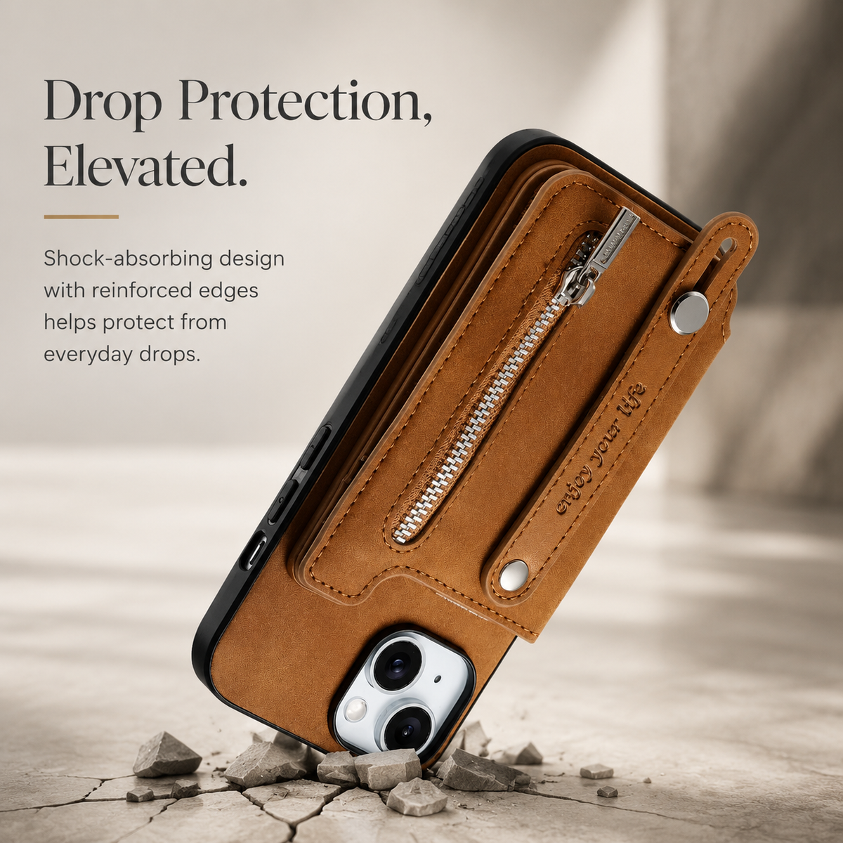 Premium iPhone Case Removable Zipper Wallet Flip Cover PU Leather Card Holder Magnetic Closure Wrist Strap Shockproof Full Coverage Slim Design Secure