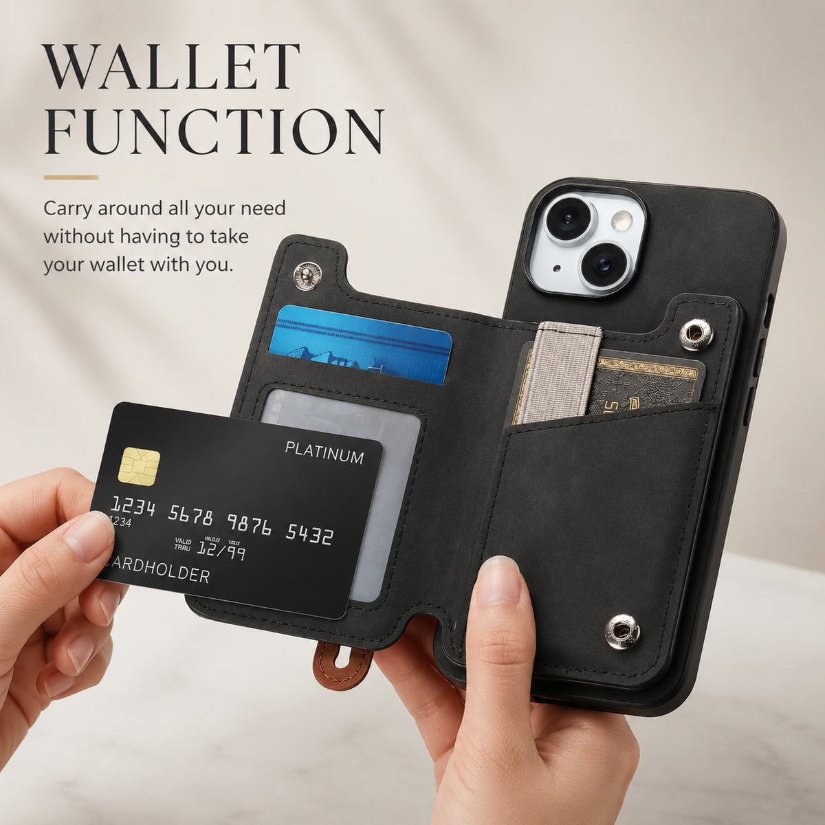 Premium iPhone Case Removable Zipper Wallet Flip Cover PU Leather Card Holder Magnetic Closure Wrist Strap Shockproof Full Coverage Slim Design Secure