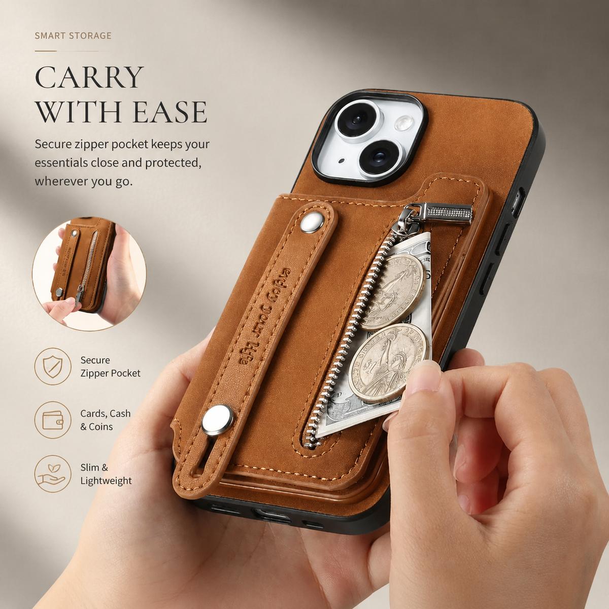 Premium iPhone Case Removable Zipper Wallet Flip Cover PU Leather Card Holder Magnetic Closure Wrist Strap Shockproof Full Coverage Slim Design Secure