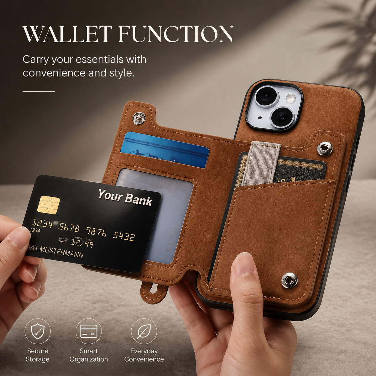 Premium iPhone Case Removable Zipper Wallet Flip Cover PU Leather Card Holder Magnetic Closure Wrist Strap Shockproof Full Coverage Slim Design Secure