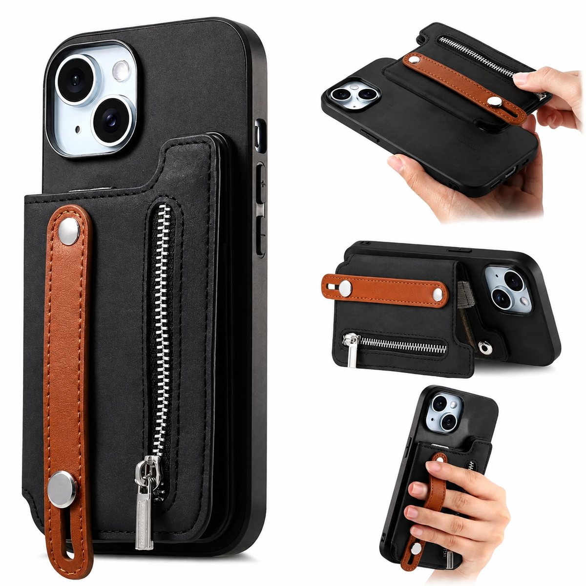 Premium iPhone Case Removable Zipper Wallet Flip Cover PU Leather Card Holder Magnetic Closure Wrist Strap Shockproof Full Coverage Slim Design Secure