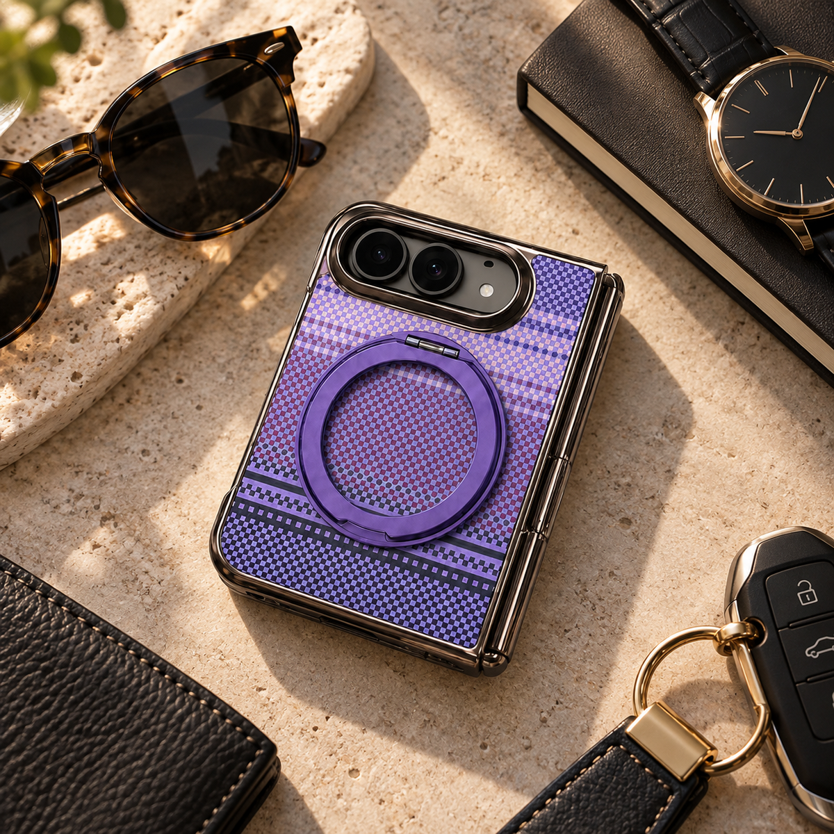 Premium iPhone Case Retro Leather Pattern Metal Magnetic Folding Bracket Tempered Film Shockproof Slim Durable Non Slip Protective Luxury Phone Cover Case