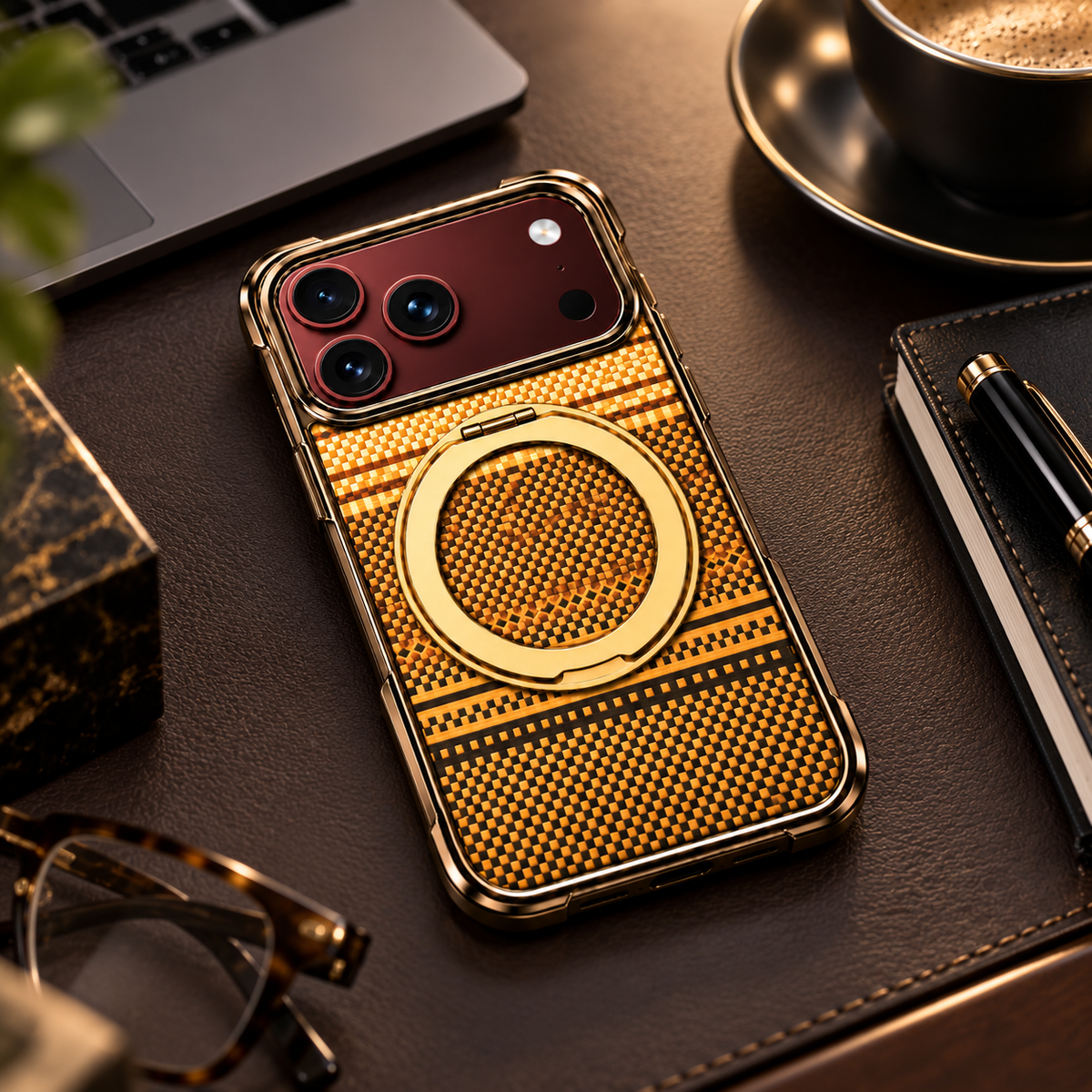 Premium iPhone Case Retro Leather Pattern Metal Magnetic Folding Bracket Tempered Film Shockproof Slim Durable Non Slip Protective Luxury Phone Cover Case