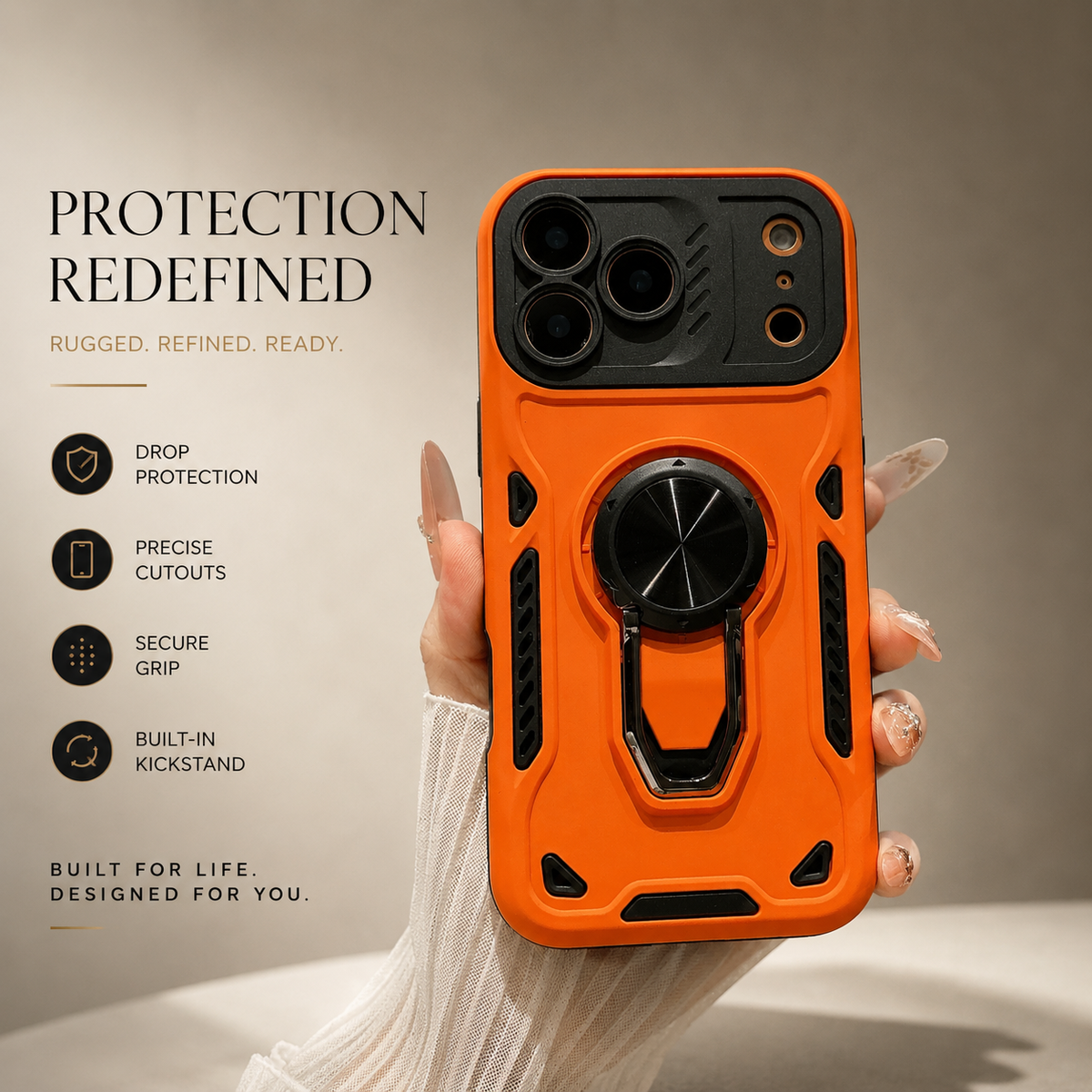 Premium iPhone Case Ring Holder Invisible Kickstand Shockproof PC TPU Protective Cover Anti Scratch Anti Fingerprint Matte Non Slip Slim Fit Stand Case