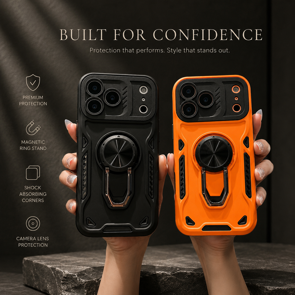 Premium iPhone Case Ring Holder Invisible Kickstand Shockproof PC TPU Protective Cover Anti Scratch Anti Fingerprint Matte Non Slip Slim Fit Stand Case