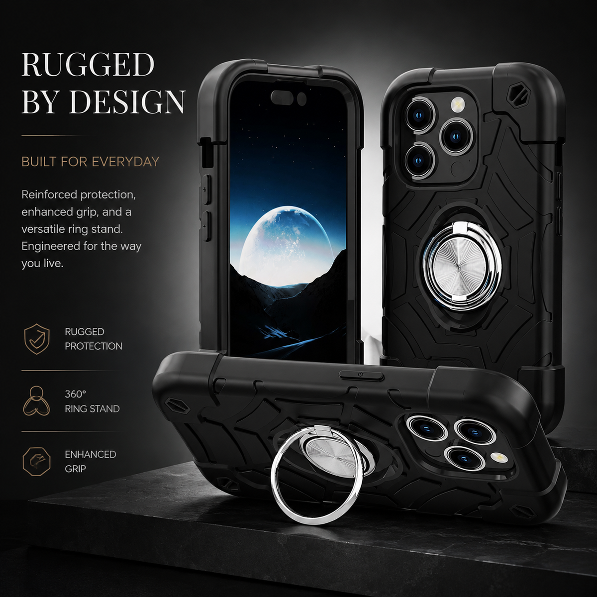 Premium iPhone Case Rugged Military Grade Dual Layer Shockproof Armor Kickstand Ring Holder Anti Slip Grip Full Protection Heavy Duty Protective Cover