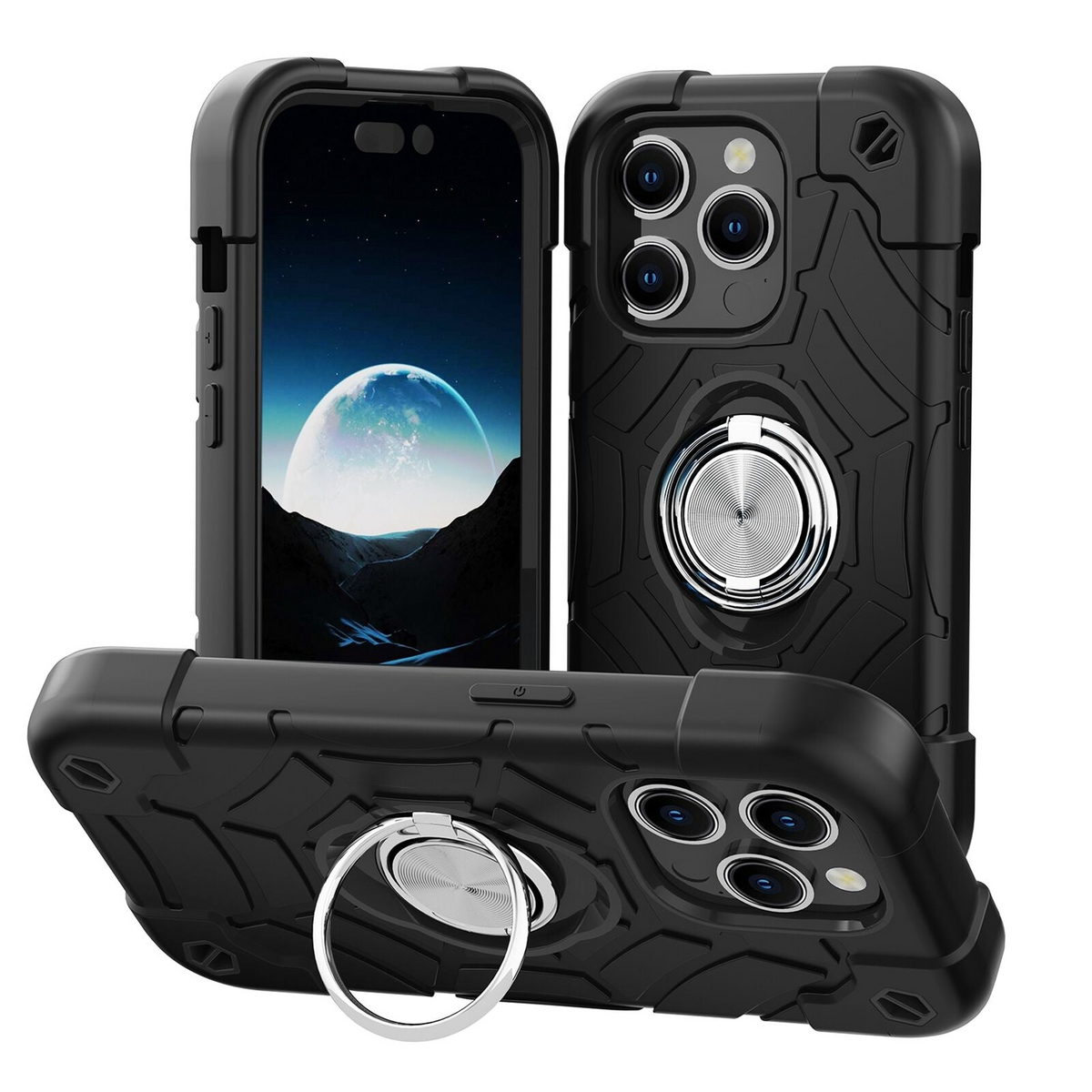 Premium iPhone Case Rugged Military Grade Dual Layer Shockproof Armor Kickstand Ring Holder Anti Slip Grip Full Protection Heavy Duty Protective Cover