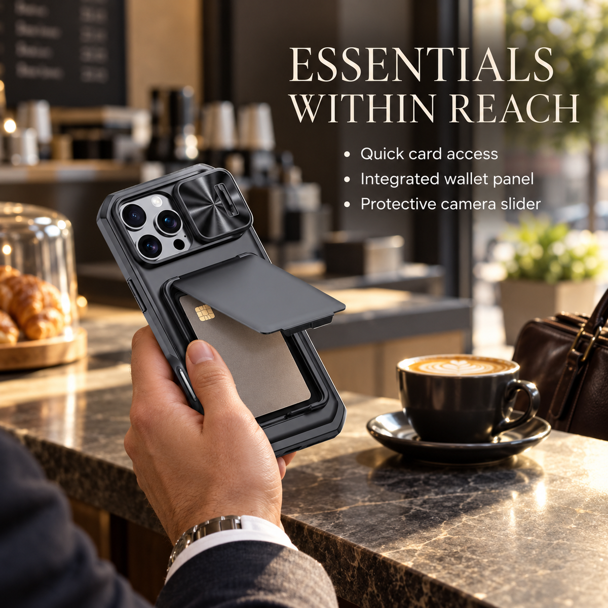 Premium iPhone Case Rugged Wallet 3-4 Card Holder Slide Camera Guard Kickstand Wrist Strap Shockproof Anti Drop Durable Full Protective Phone Cover Case