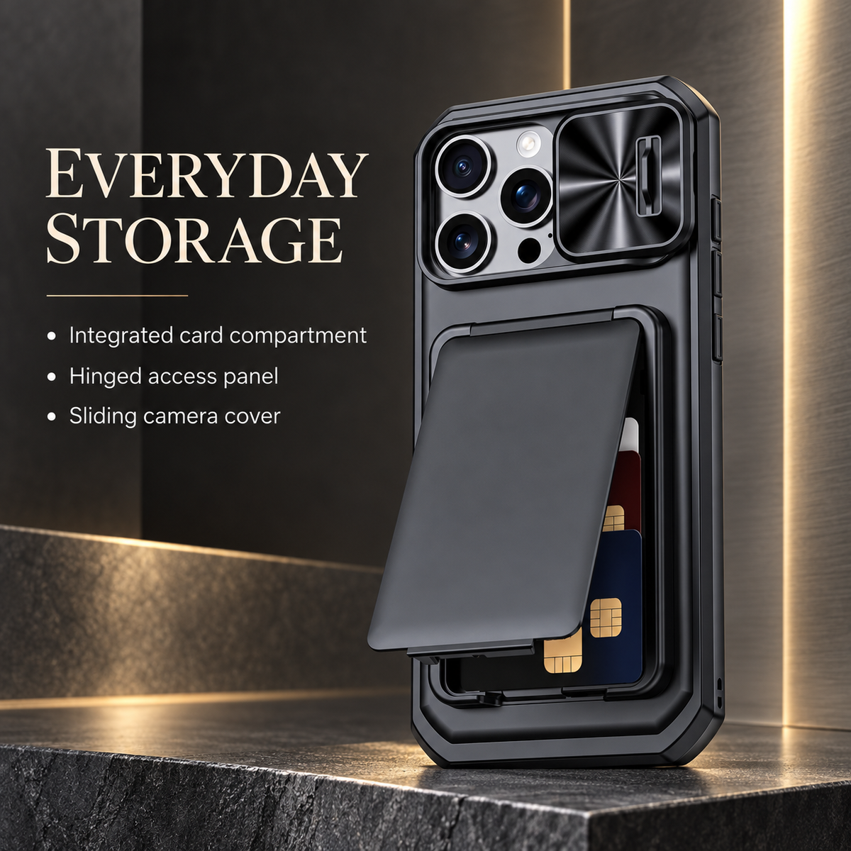 Premium iPhone Case Rugged Wallet 3-4 Card Holder Slide Camera Guard Kickstand Wrist Strap Shockproof Anti Drop Durable Full Protective Phone Cover Case
