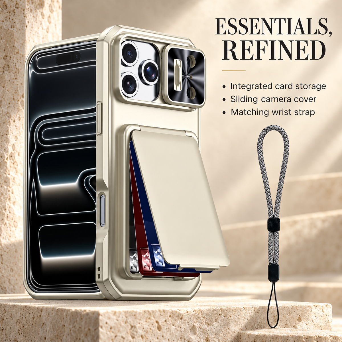 Premium iPhone Case Rugged Wallet 3-4 Card Holder Slide Camera Guard Kickstand Wrist Strap Shockproof Anti Drop Durable Full Protective Phone Cover Case