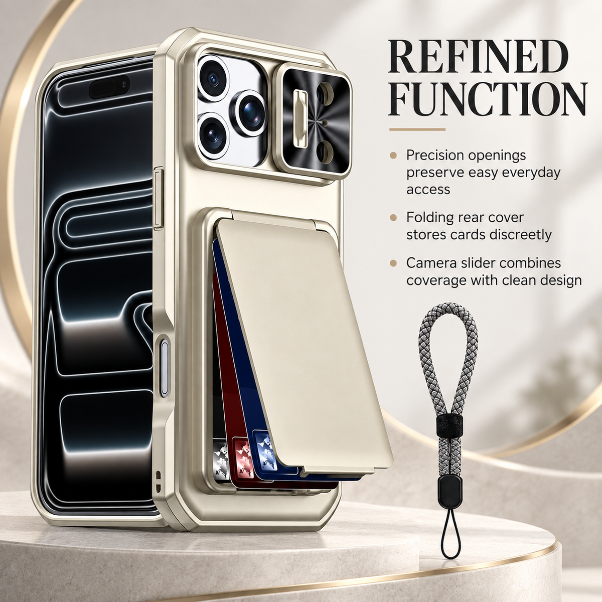 Premium iPhone Case Rugged Wallet 3-4 Card Holder Slide Camera Guard Kickstand Wrist Strap Shockproof Anti Drop Durable Full Protective Phone Cover Case