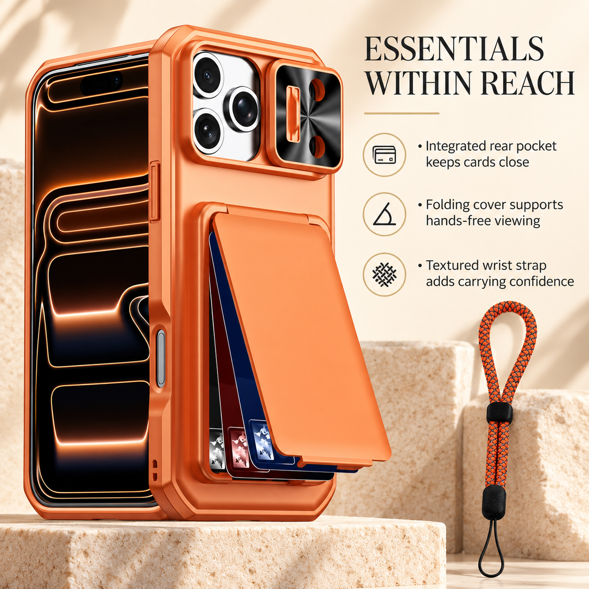 Premium iPhone Case Rugged Wallet 3-4 Card Holder Slide Camera Guard Kickstand Wrist Strap Shockproof Anti Drop Durable Full Protective Phone Cover Case