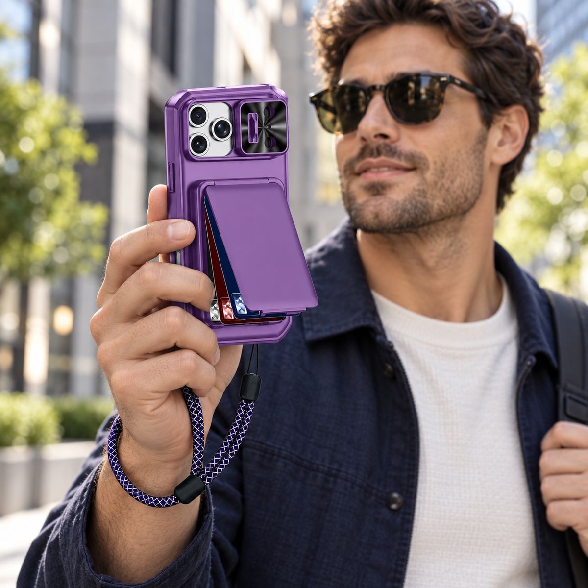 Premium iPhone Case Rugged Wallet 3-4 Card Holder Slide Camera Guard Kickstand Wrist Strap Shockproof Anti Drop Durable Full Protective Phone Cover Case