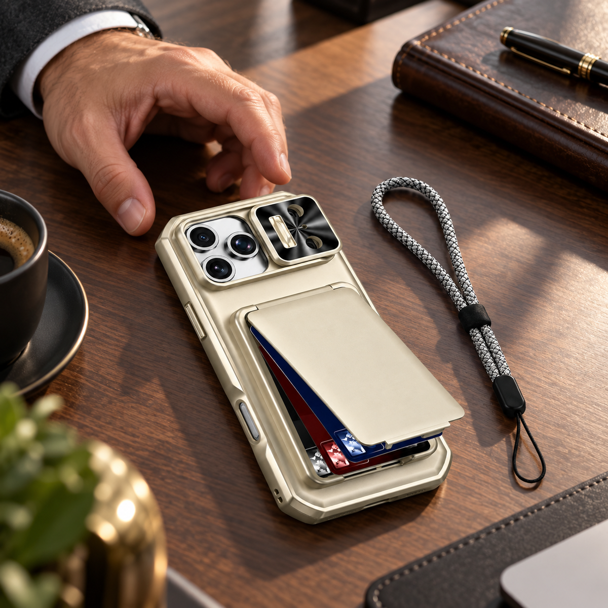 Premium iPhone Case Rugged Wallet 3-4 Card Holder Slide Camera Guard Kickstand Wrist Strap Shockproof Anti Drop Durable Full Protective Phone Cover Case