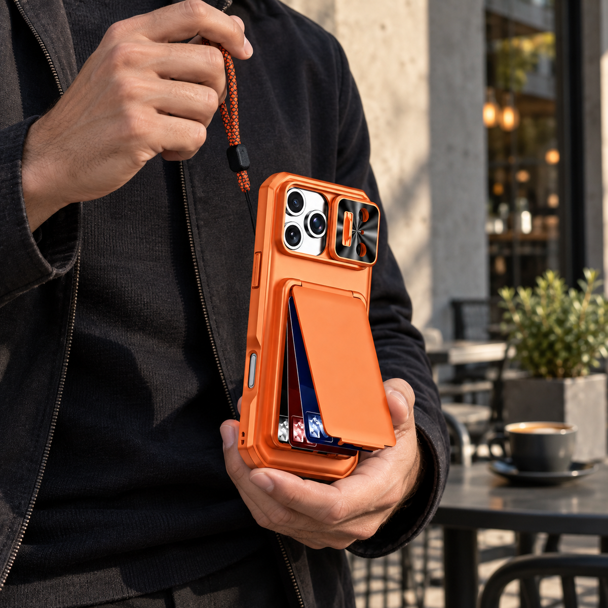 Premium iPhone Case Rugged Wallet 3-4 Card Holder Slide Camera Guard Kickstand Wrist Strap Shockproof Anti Drop Durable Full Protective Phone Cover Case