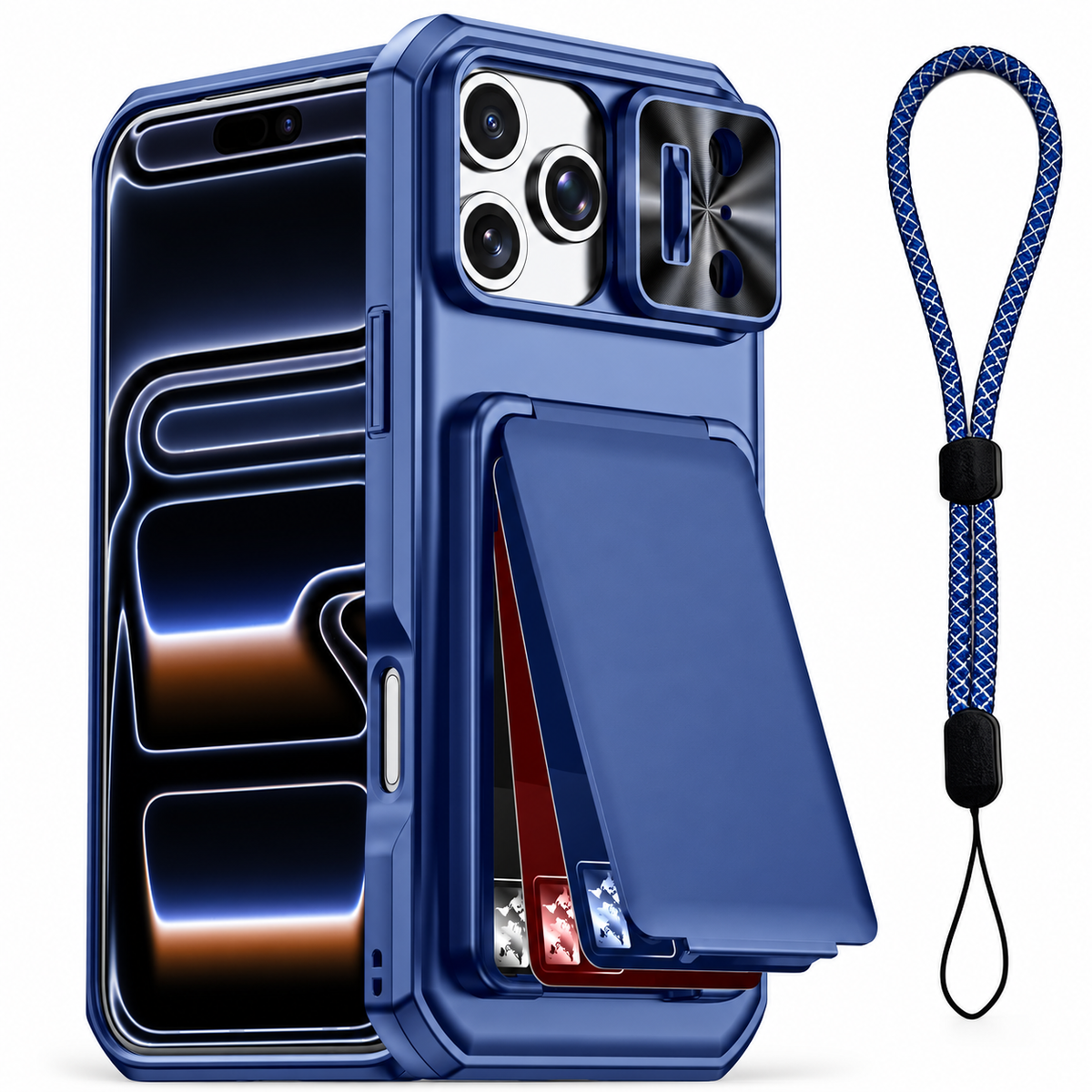 Premium iPhone Case Rugged Wallet 3-4 Card Holder Slide Camera Guard Kickstand Wrist Strap Shockproof Anti Drop Durable Full Protective Phone Cover Case