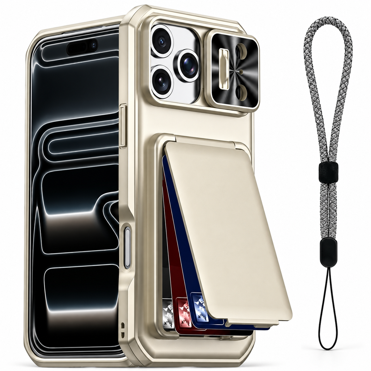 Premium iPhone Case Rugged Wallet 3-4 Card Holder Slide Camera Guard Kickstand Wrist Strap Shockproof Anti Drop Durable Full Protective Phone Cover Case