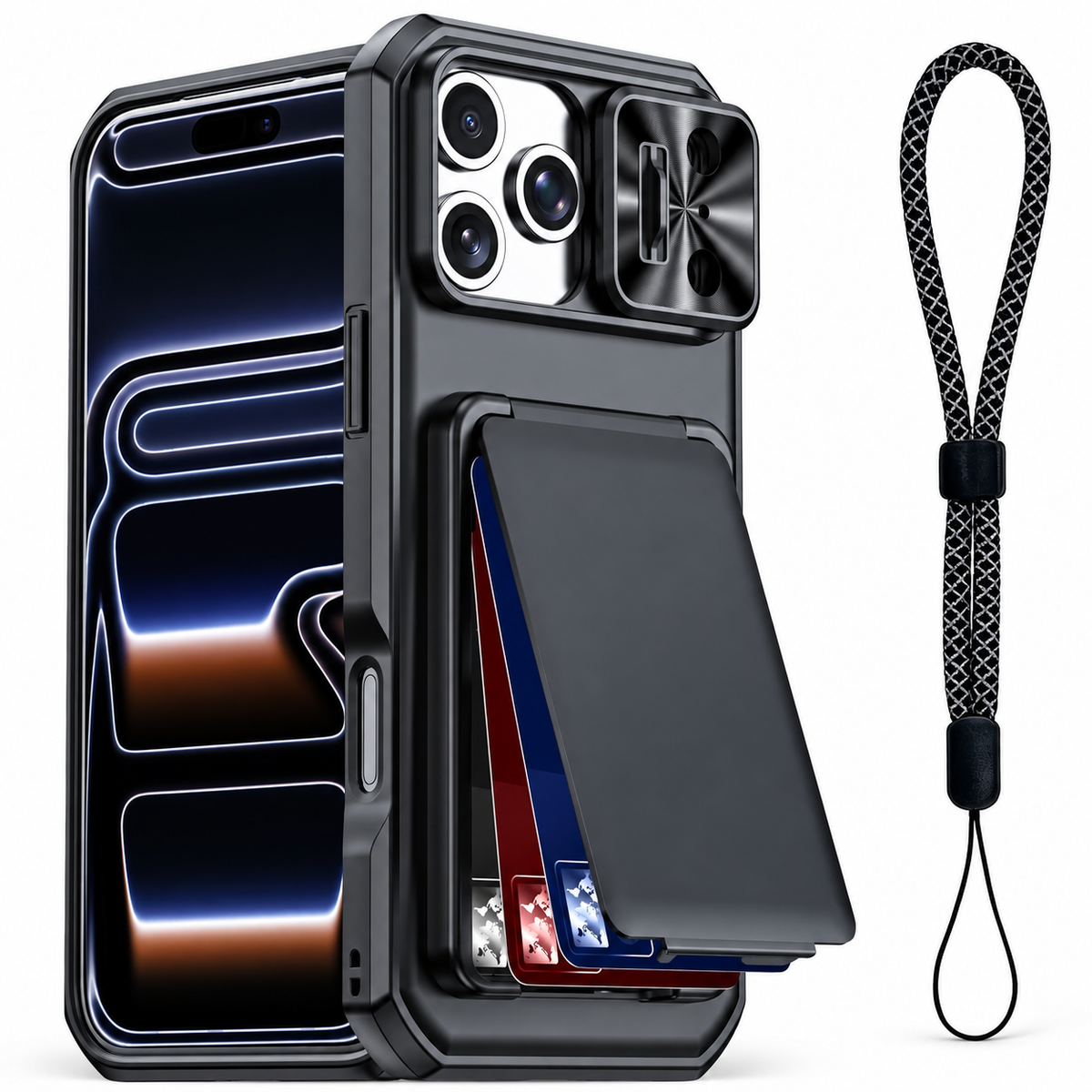 Premium iPhone Case Rugged Wallet 3-4 Card Holder Slide Camera Guard Kickstand Wrist Strap Shockproof Anti Drop Durable Full Protective Phone Cover Case