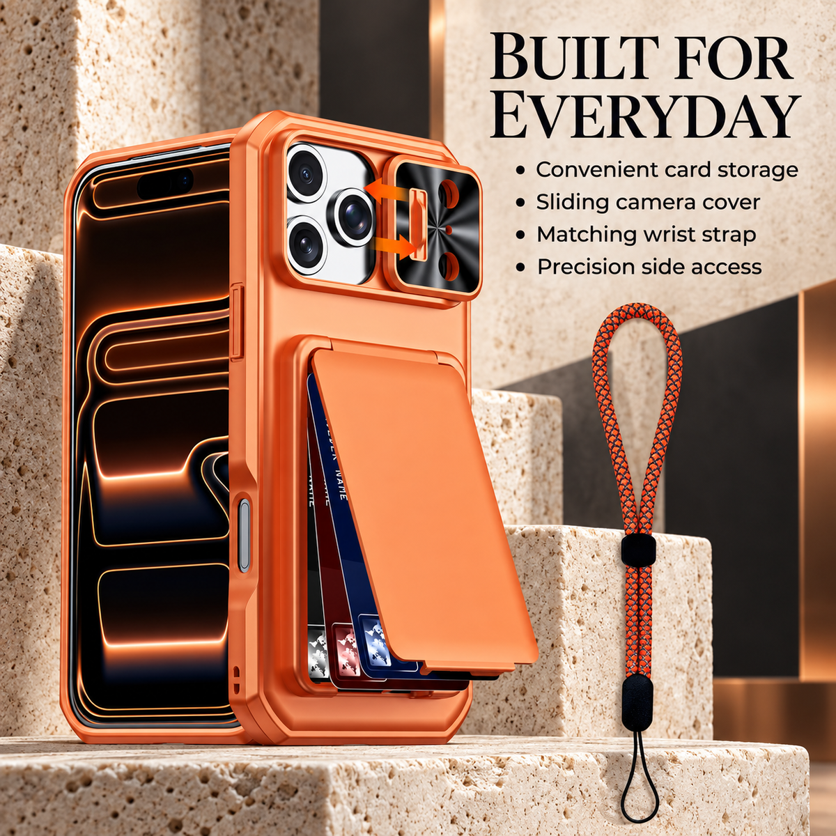 Premium iPhone Case Rugged Wallet 3-4 Card Holder Slide Camera Guard Kickstand Wrist Strap Shockproof Anti Drop Durable Full Protective Phone Cover Case