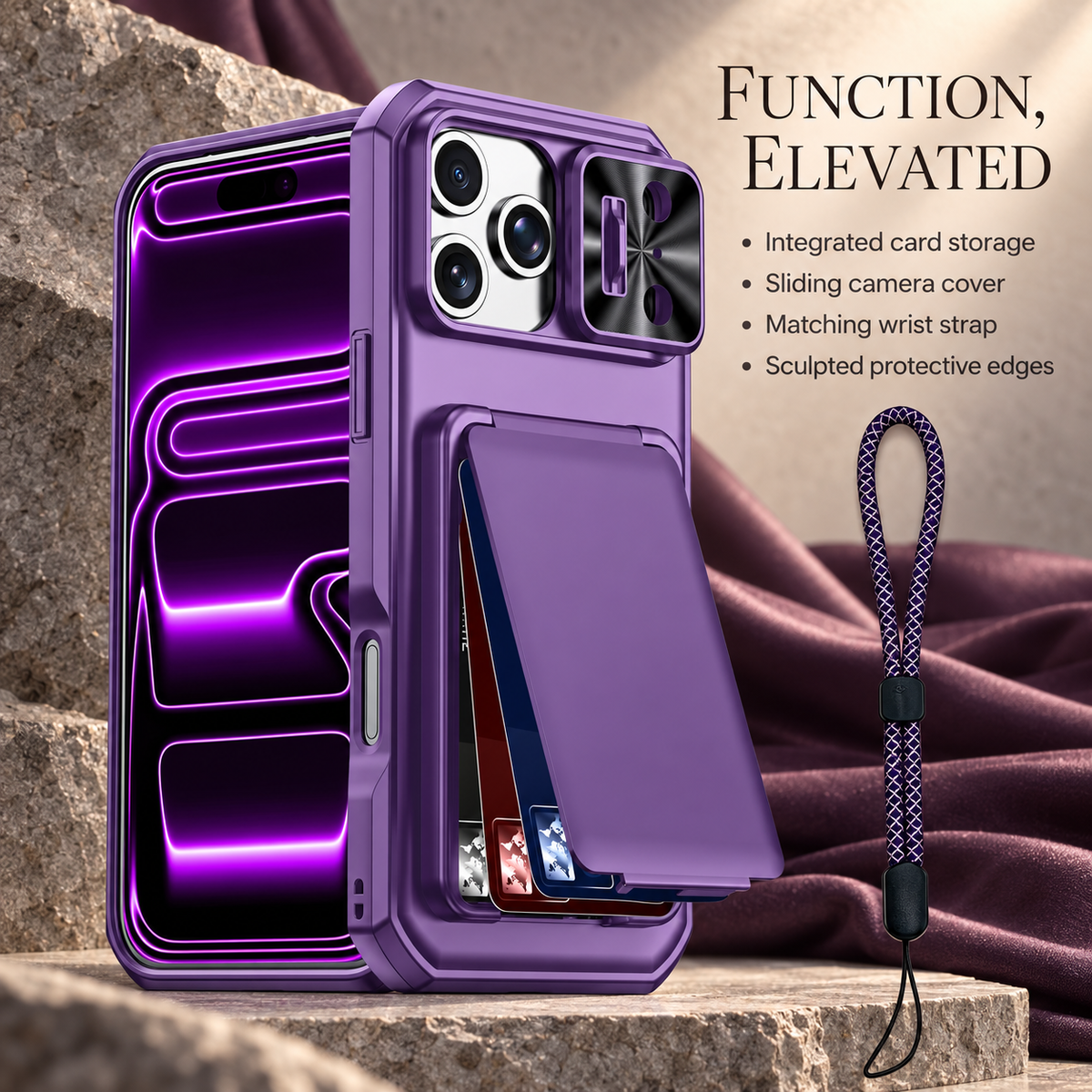 Premium iPhone Case Rugged Wallet 3-4 Card Holder Slide Camera Guard Kickstand Wrist Strap Shockproof Anti Drop Durable Full Protective Phone Cover Case