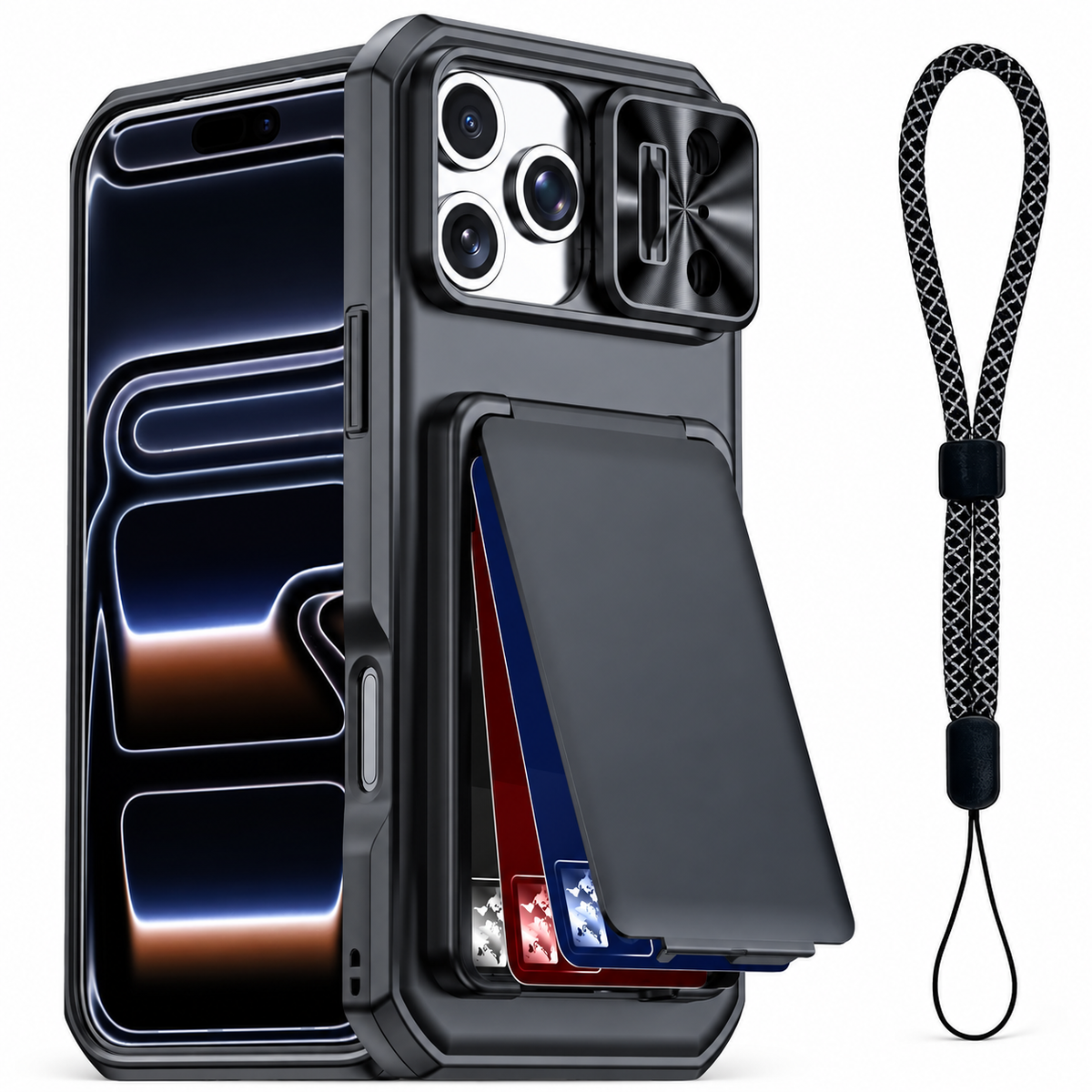 Premium iPhone Case Rugged Wallet 3-4 Card Holder Slide Camera Guard Kickstand Wrist Strap Shockproof Anti Drop Durable Full Protective Phone Cover Case