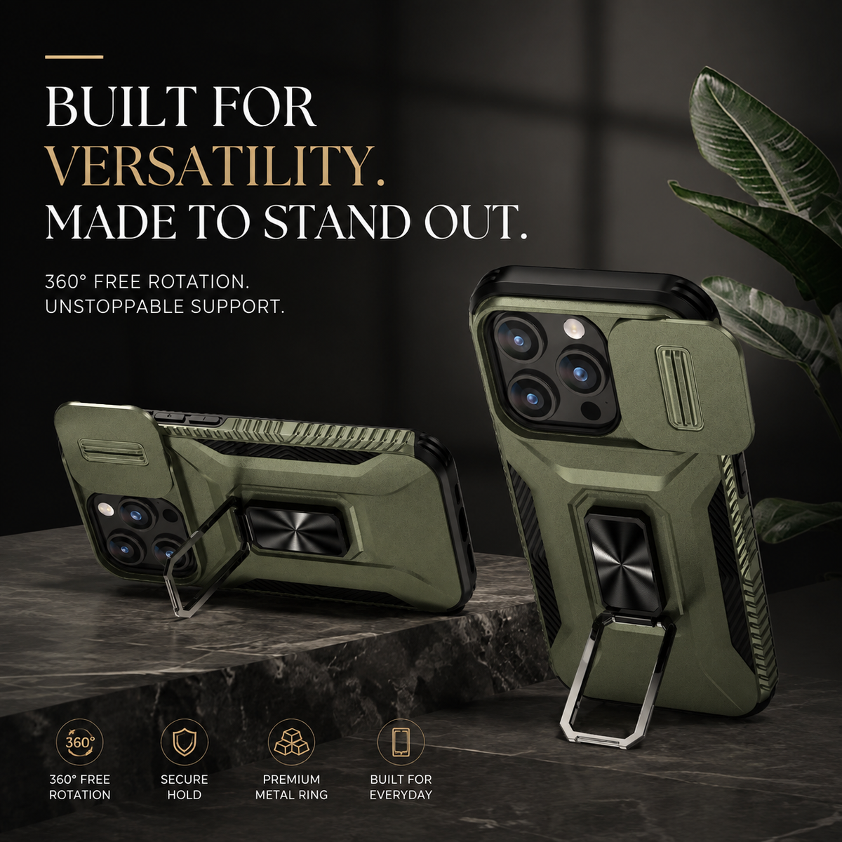 Premium iPhone Case Shockproof All Around Protective Cover Sliding Camera Lens Guard Rotary Stand Anti Slip Grip Durable Full Body Protection Design