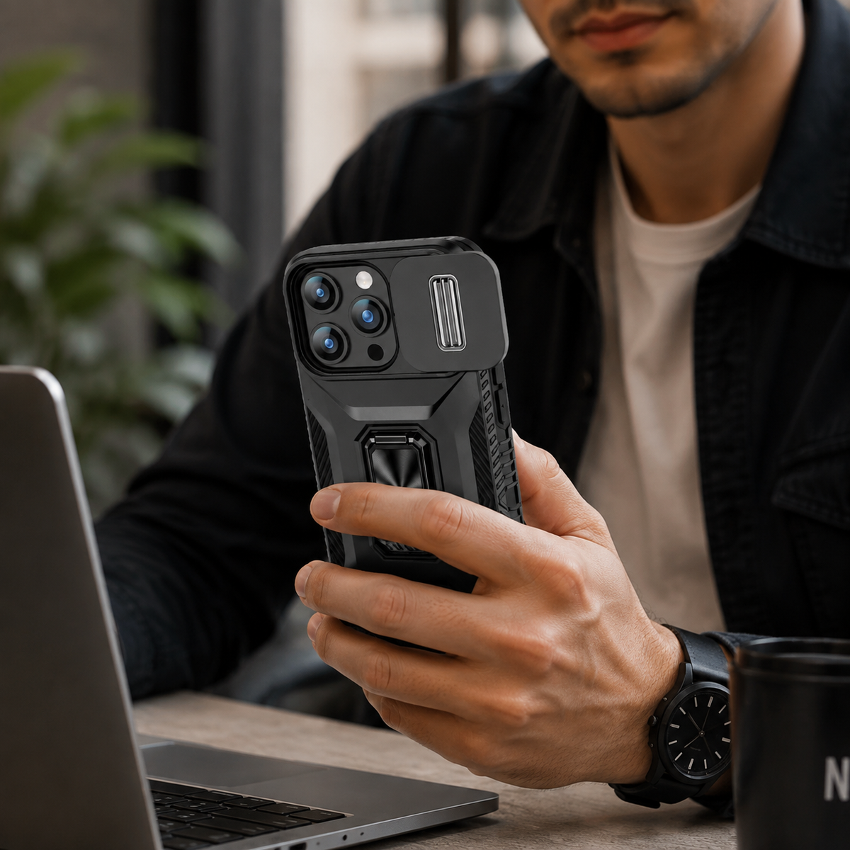 Premium iPhone Case Shockproof All Around Protective Cover Sliding Camera Lens Guard Rotary Stand Anti Slip Grip Durable Full Body Protection Design