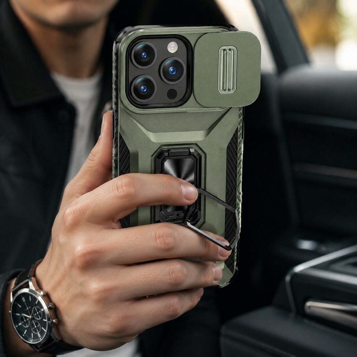 Premium iPhone Case Shockproof All Around Protective Cover Sliding Camera Lens Guard Rotary Stand Anti Slip Grip Durable Full Body Protection Design