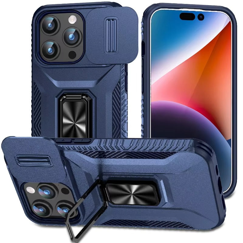 Premium iPhone Case Shockproof All Around Protective Cover Sliding Camera Lens Guard Rotary Stand Anti Slip Grip Durable Full Body Protection Design