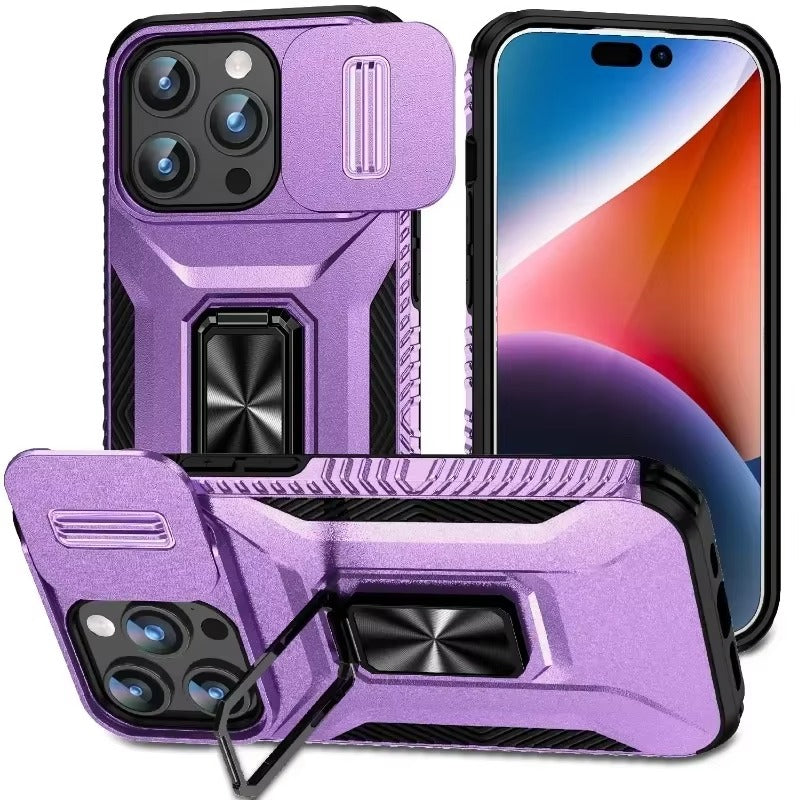 Premium iPhone Case Shockproof All Around Protective Cover Sliding Camera Lens Guard Rotary Stand Anti Slip Grip Durable Full Body Protection Design
