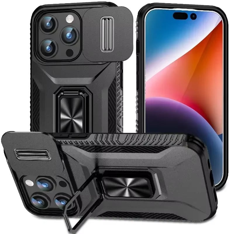 Premium iPhone Case Shockproof All Around Protective Cover Sliding Camera Lens Guard Rotary Stand Anti Slip Grip Durable Full Body Protection Design