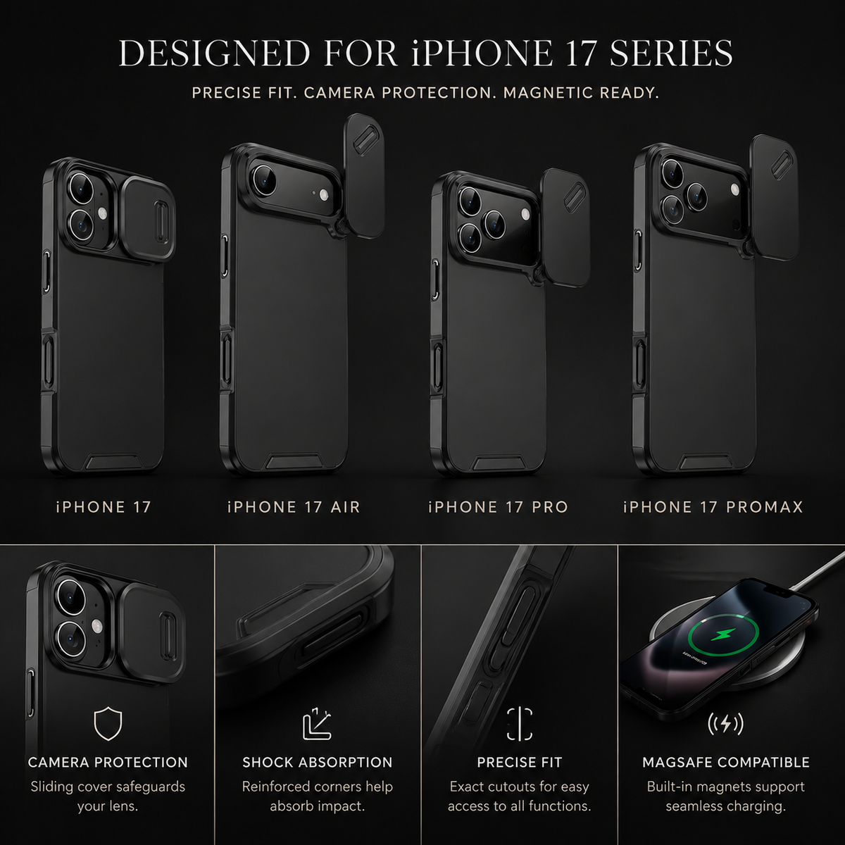 Premium iPhone Case Shockproof PC TPU Dual Layer Slide Camera Cover Anti Collision Raised Edge Protection Slim Full Coverage Durable Protective Design