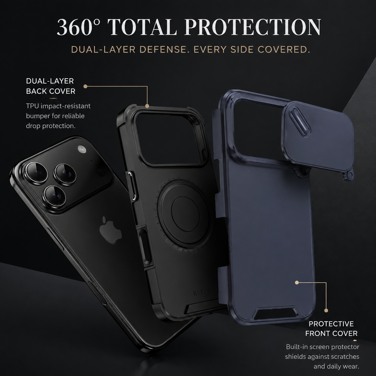 Premium iPhone Case Shockproof PC TPU Dual Layer Slide Camera Cover Anti Collision Raised Edge Protection Slim Full Coverage Durable Protective Design