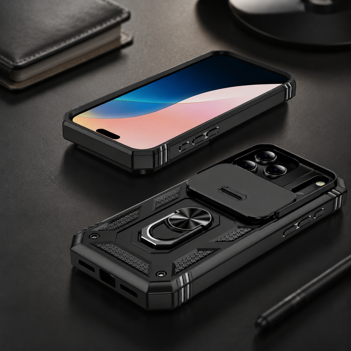 Premium iPhone Case Shockproof Sliding Camera Cover 360° Rotating Kickstand Heavy Duty Anti Slip Full Coverage Protective Phone Case Camera Protection