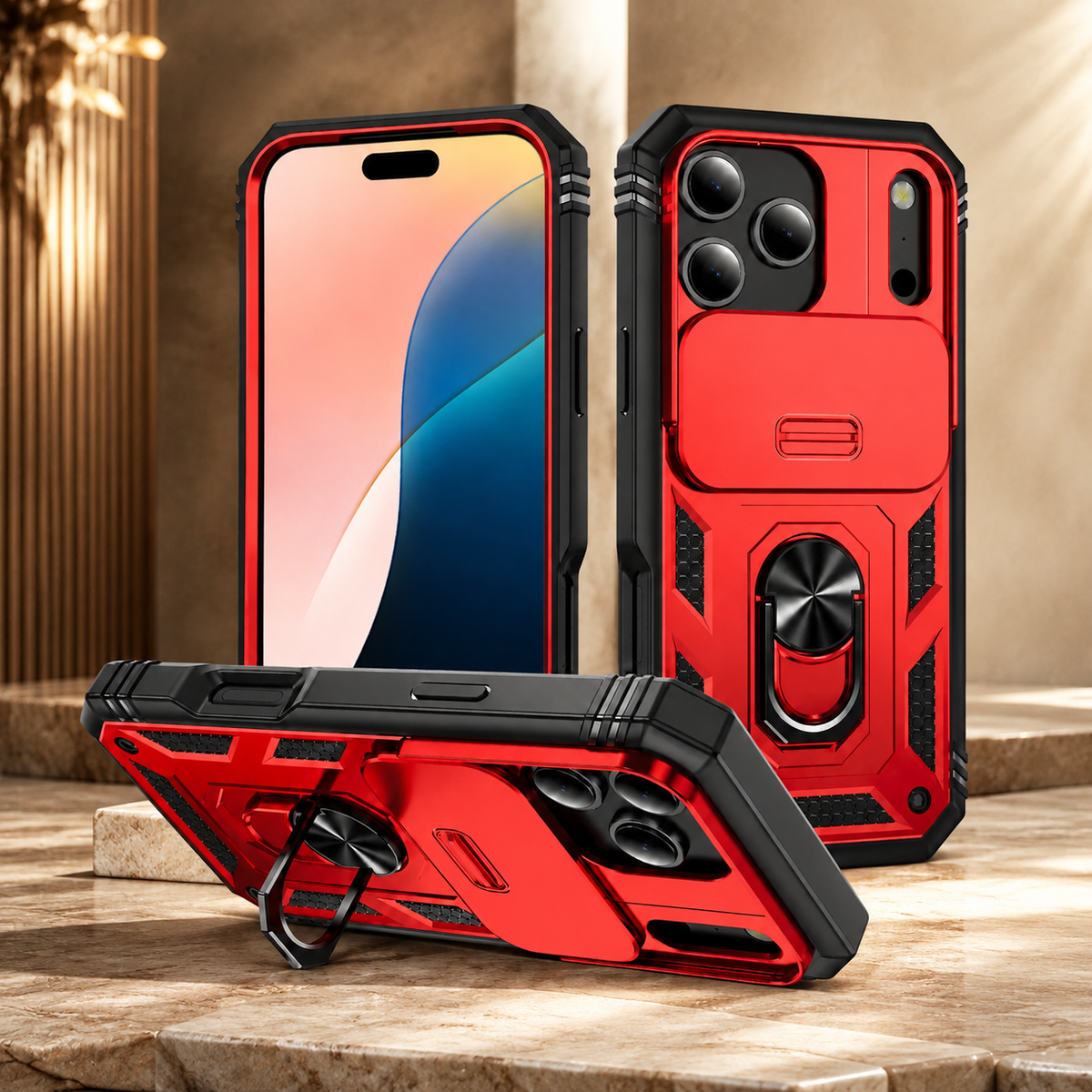 Premium iPhone Case Shockproof Sliding Camera Cover 360° Rotating Kickstand Heavy Duty Anti Slip Full Coverage Protective Phone Case Camera Protection