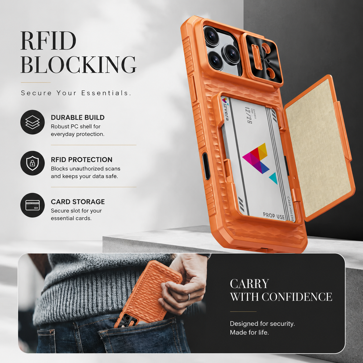 Premium iPhone Case Sliding Camera Wallet Cover with Card Holder Stand, PC TPU Shockproof Protective Design, Anti-Fingerprint Anti-Scratch Full Coverage