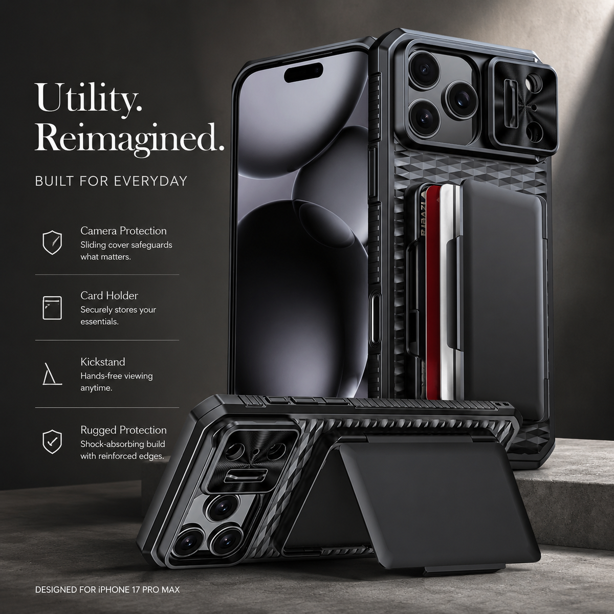 Premium iPhone Case Sliding Camera Wallet Cover with Card Holder Stand, PC TPU Shockproof Protective Design, Anti-Fingerprint Anti-Scratch Full Coverage