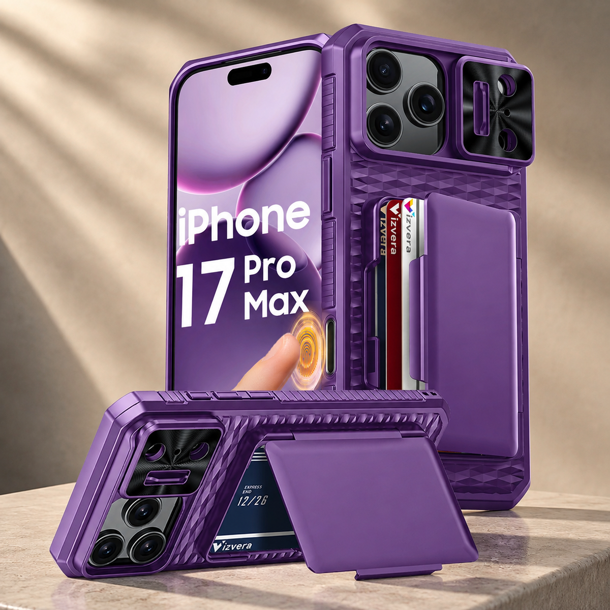 Premium iPhone Case Sliding Camera Wallet Cover with Card Holder Stand, PC TPU Shockproof Protective Design, Anti-Fingerprint Anti-Scratch Full Coverage