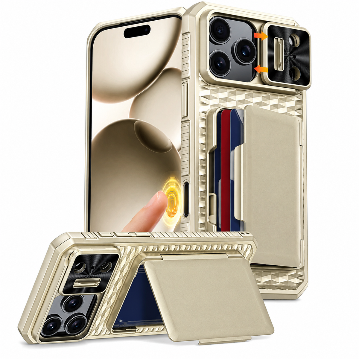 Premium iPhone Case Sliding Camera Wallet Cover with Card Holder Stand, PC TPU Shockproof Protective Design, Anti-Fingerprint Anti-Scratch Full Coverage