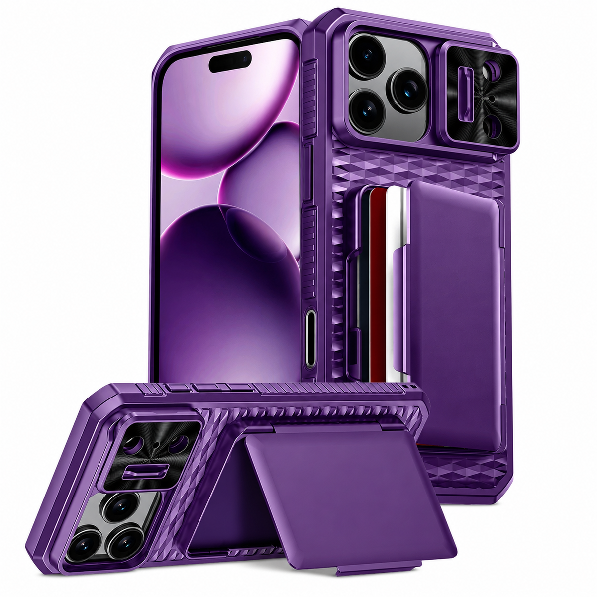 Premium iPhone Case Sliding Camera Wallet Cover with Card Holder Stand, PC TPU Shockproof Protective Design, Anti-Fingerprint Anti-Scratch Full Coverage