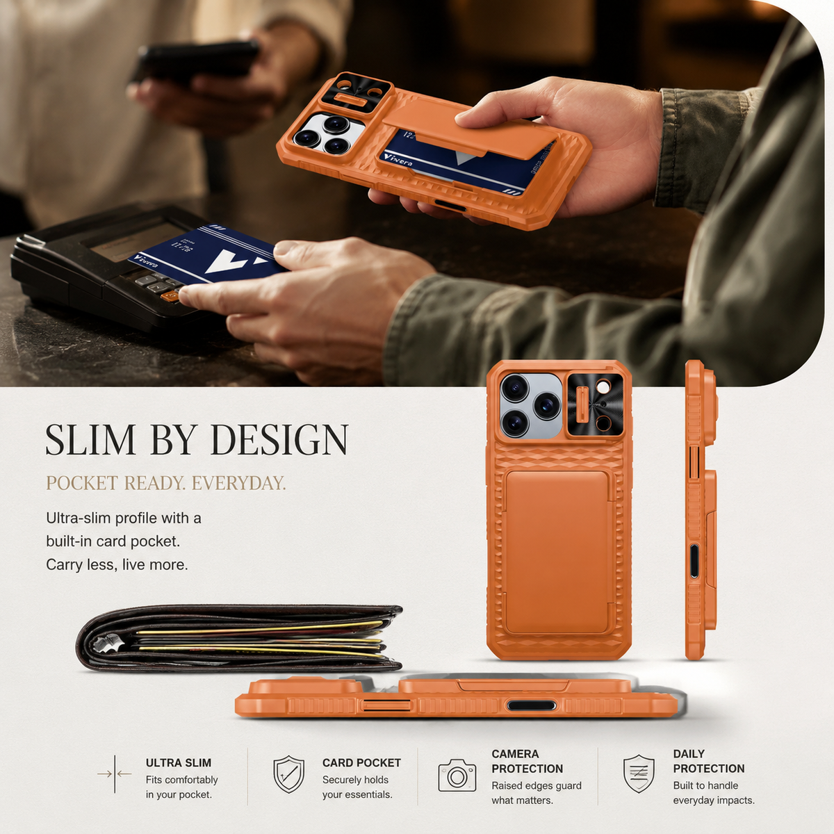 Premium iPhone Case Sliding Camera Wallet Cover with Card Holder Stand, PC TPU Shockproof Protective Design, Anti-Fingerprint Anti-Scratch Full Coverage