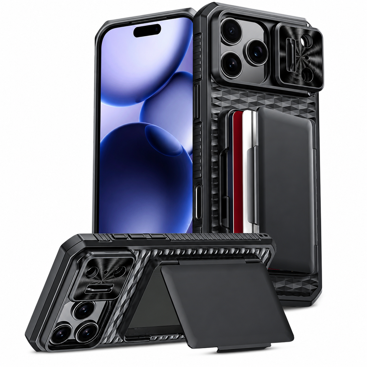 Premium iPhone Case Sliding Camera Wallet Cover with Card Holder Stand, PC TPU Shockproof Protective Design, Anti-Fingerprint Anti-Scratch Full Coverage